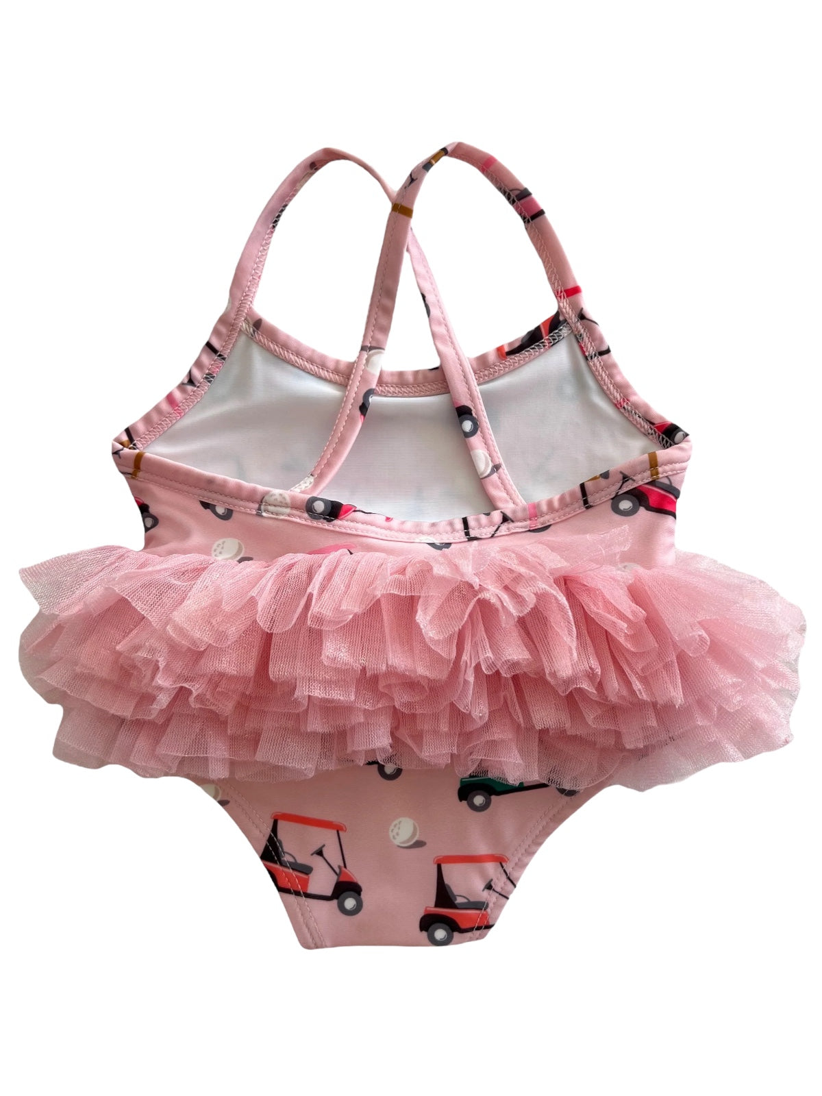 Pink toddler swimsuit with a ruffled tulle skirt, featuring a pattern of golf carts and baseballs.