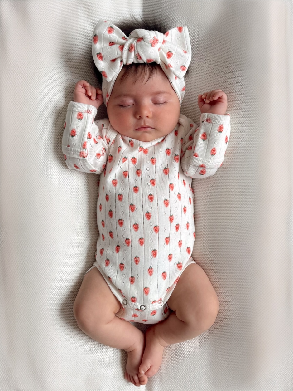 Baby girl sleeping on a soft blanket, wearing a floral onesie and a large bow headband.