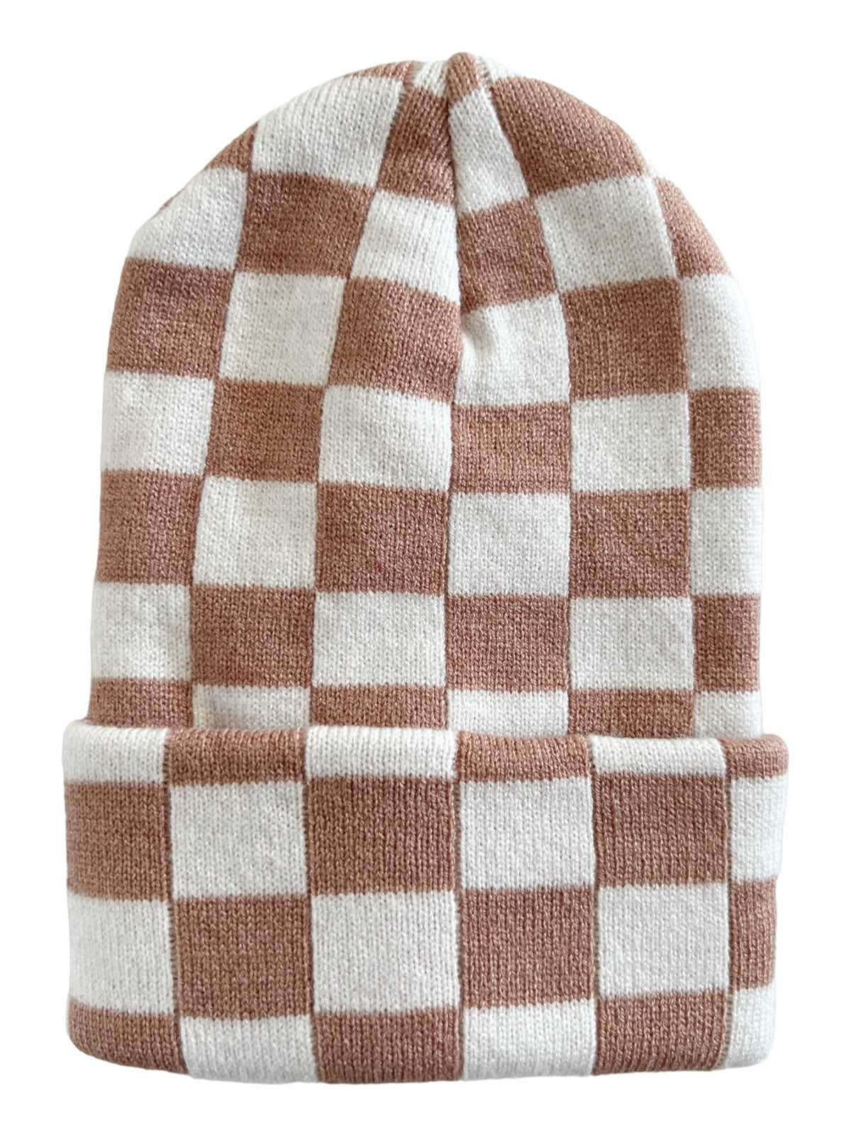 Brown and white checkered knit beanie with a folded cuff, displayed on a white background.