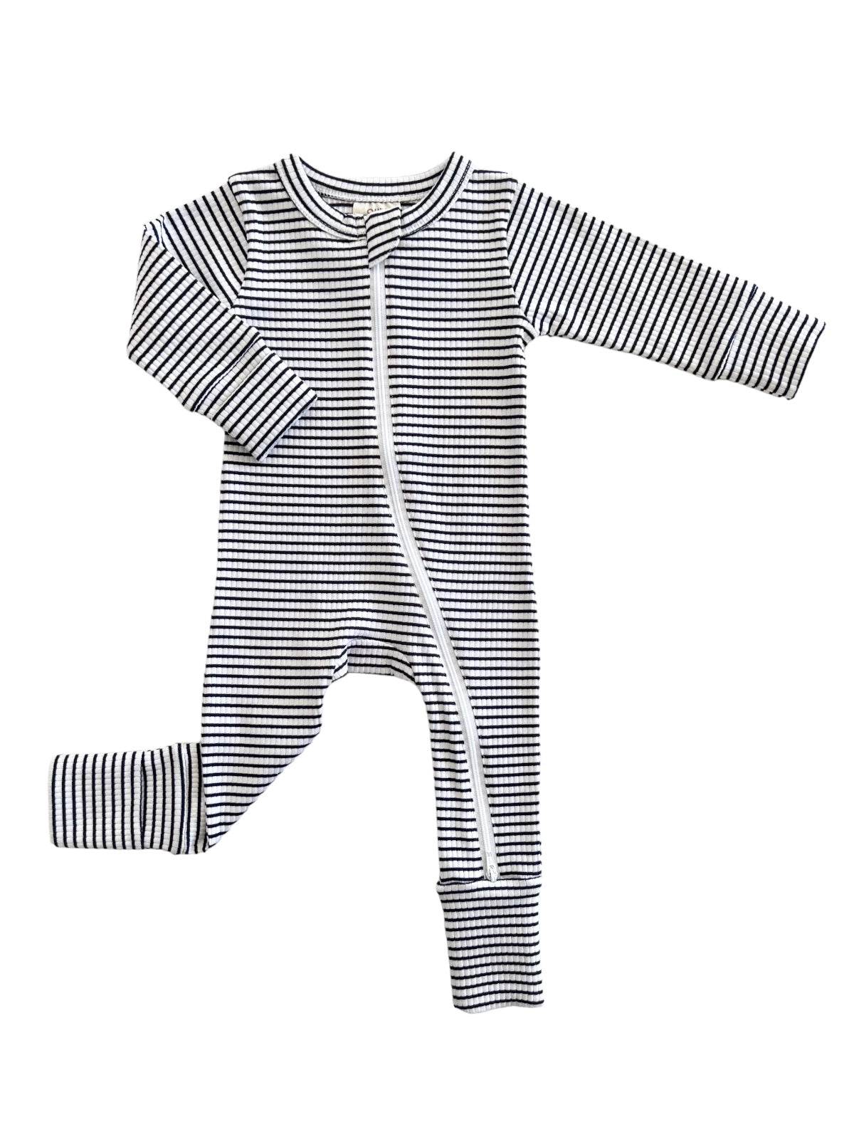 Black and white striped infant onesie with long sleeves and zipper closure.