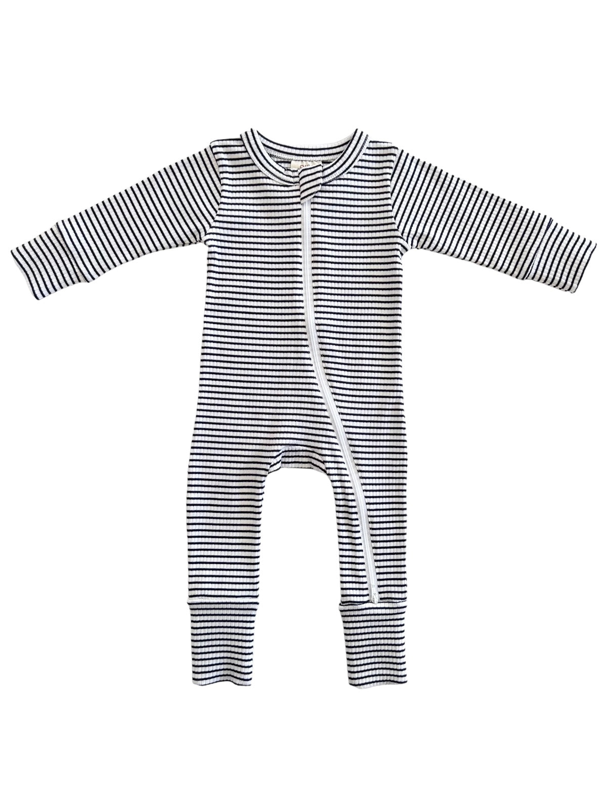 Black and white striped baby jumpsuit with long sleeves and a front zipper.