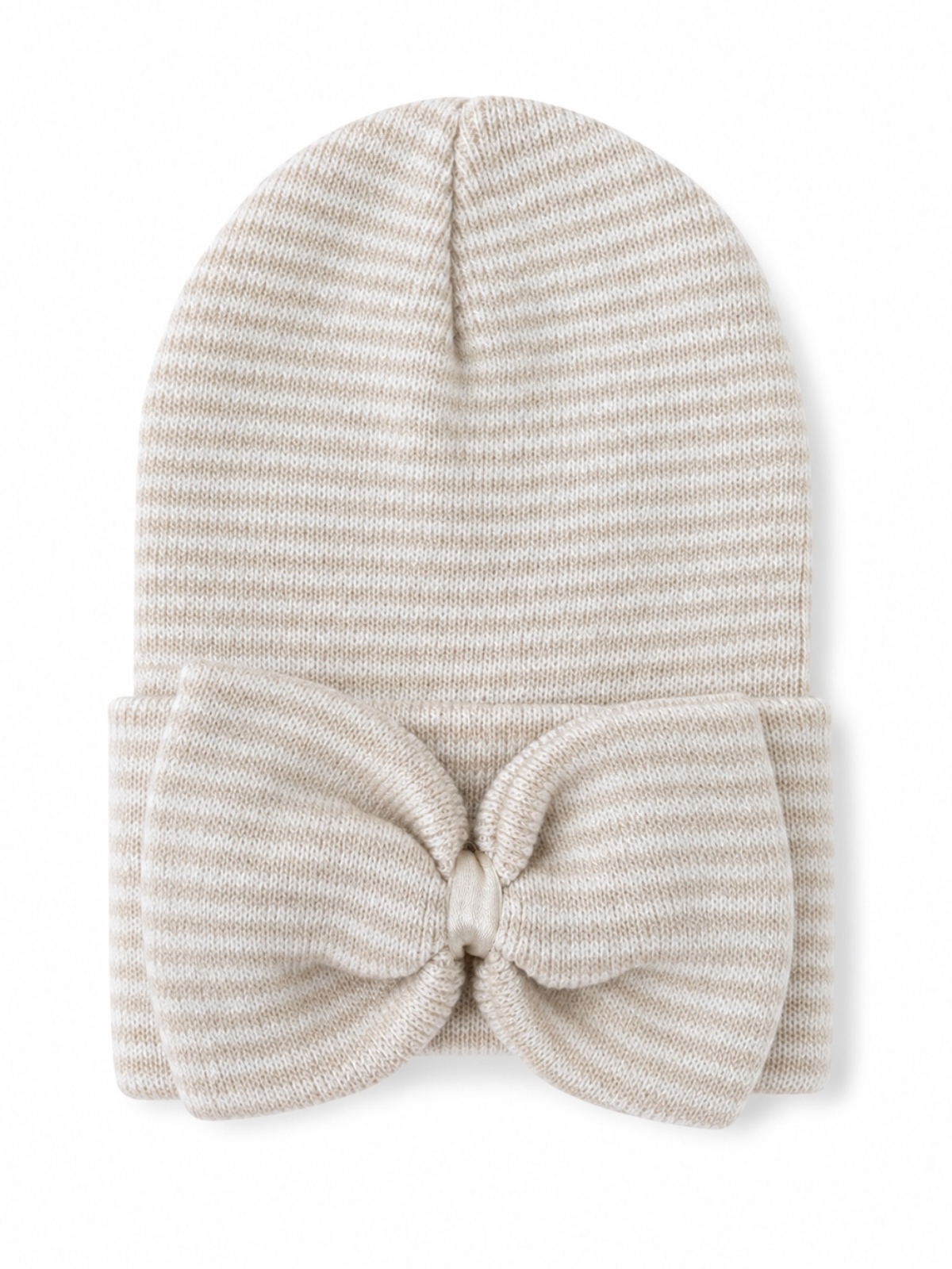 Beige striped knit hat with a large bow detail at the front. Perfect for stylish warmth.