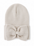 Beige striped knit hat with a large bow detail at the front. Perfect for stylish warmth.
