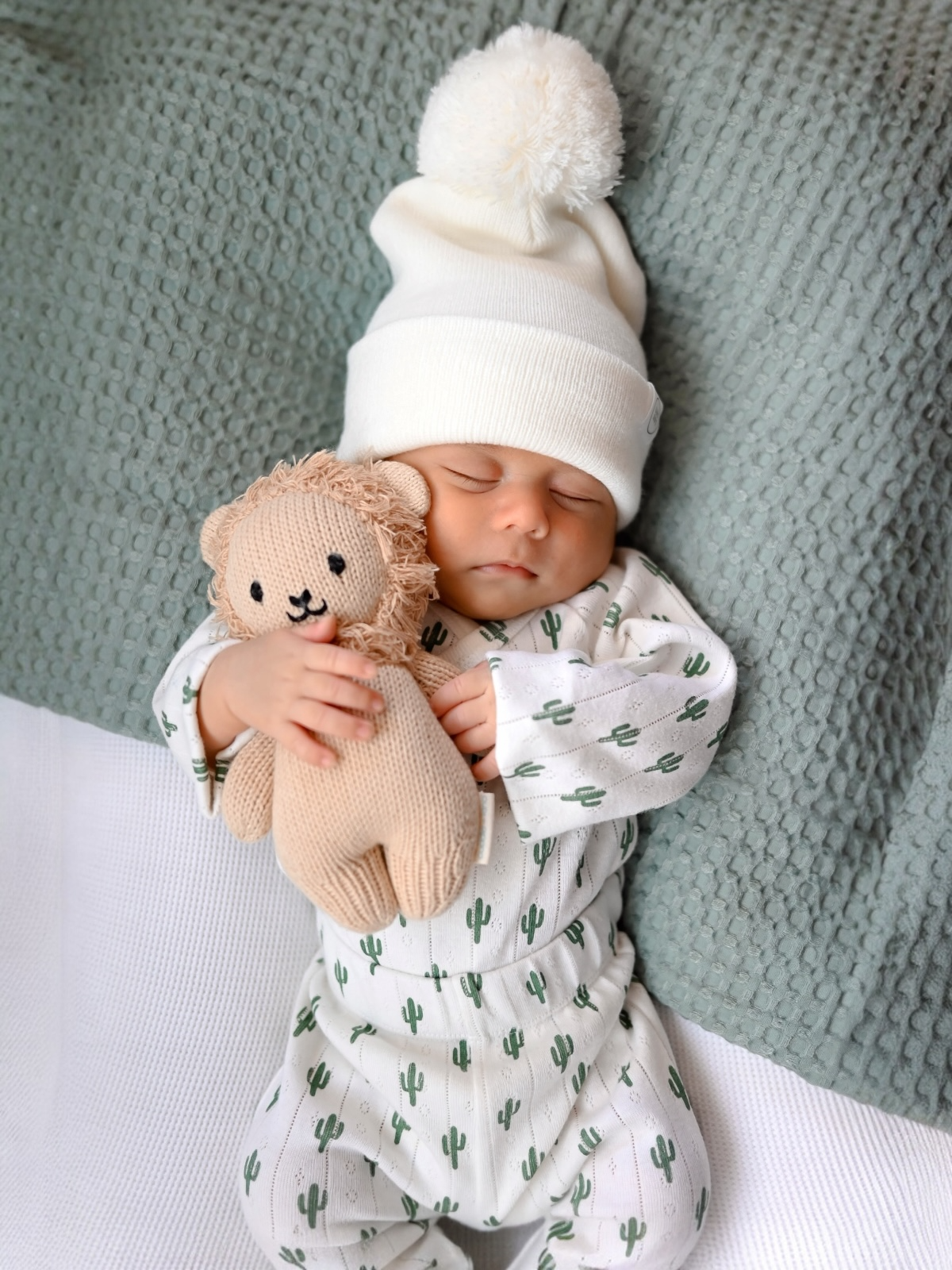 Baby in a white beanie holds a plush lion toy, wearing a cactus-patterned outfit on textured blankets.