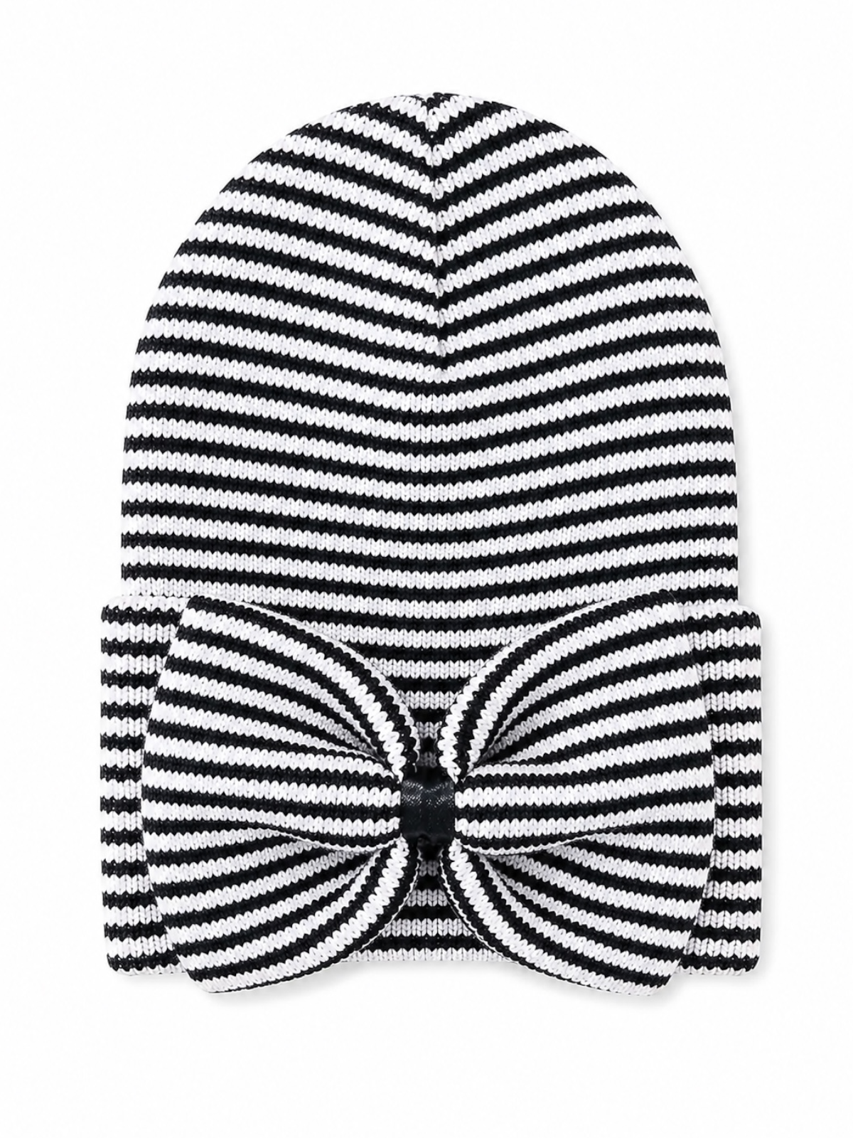 Black and white striped beanie with a large bow on the front.