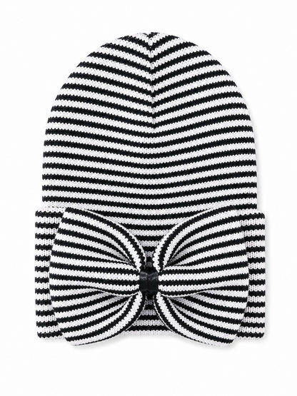 Black and white striped beanie with a large bow on the front.