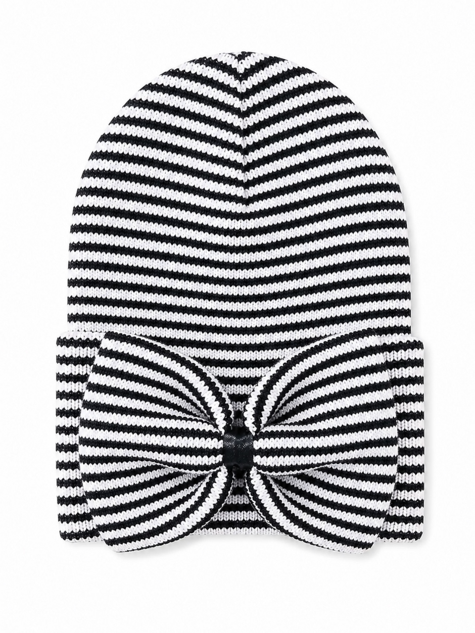 Black and white striped beanie with a large bow on the front.