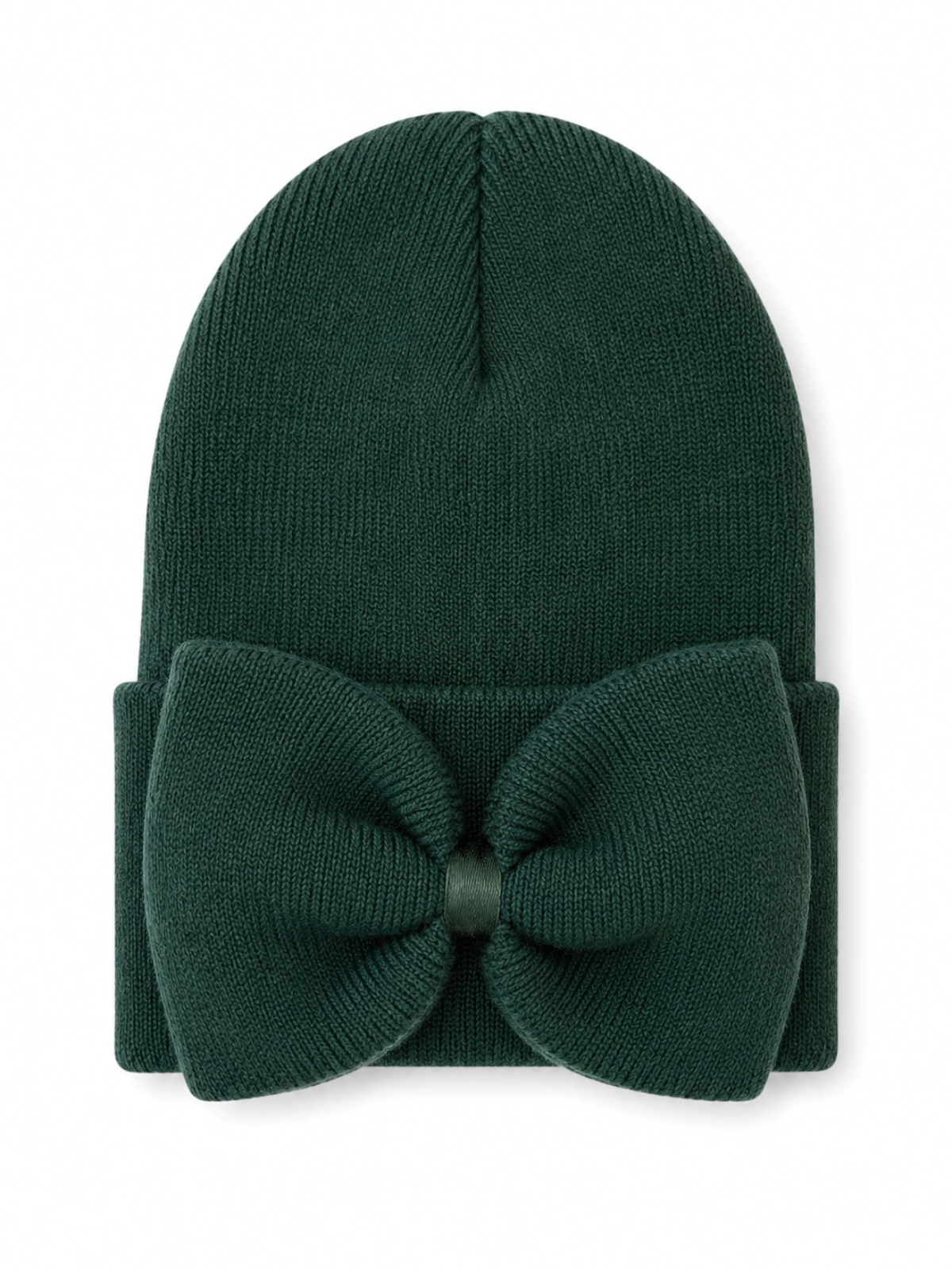 Dark green knitted beanie featuring a large bow on the front.