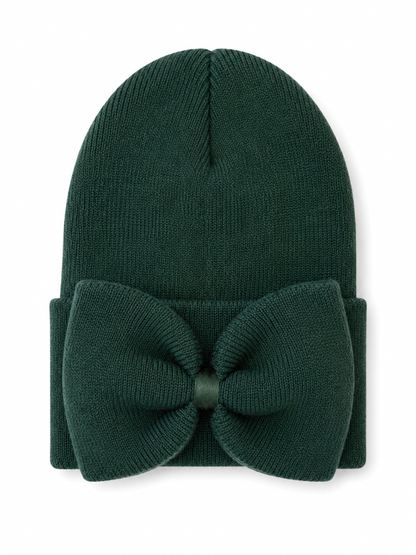 Dark green knitted beanie featuring a large bow on the front.