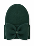 Dark green knitted beanie featuring a large bow on the front.