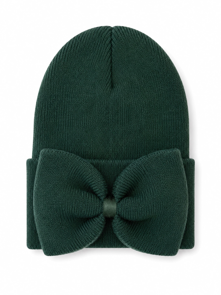 Dark green knitted beanie featuring a large bow on the front.