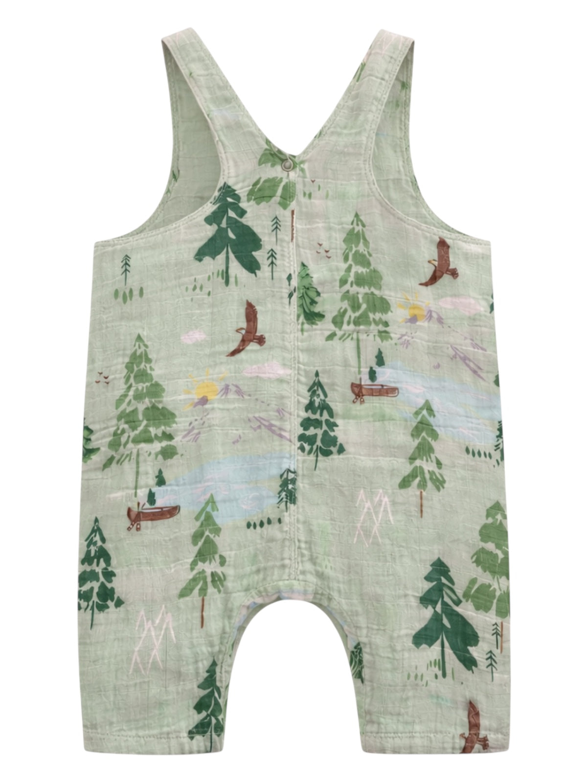 Green children's overall with nature prints, including trees, mountains, and a canoe.