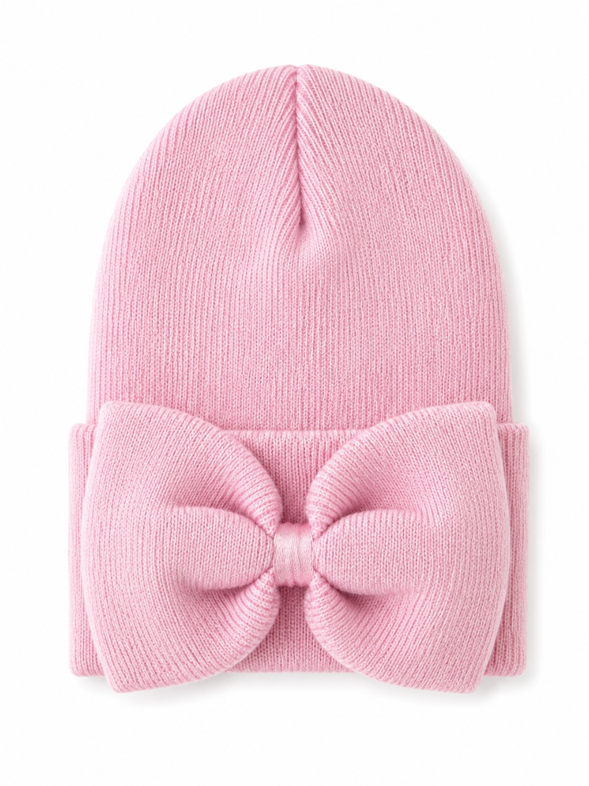 Pink knit beanie with a large bow detail on the front, perfect for stylish warmth in cold weather.