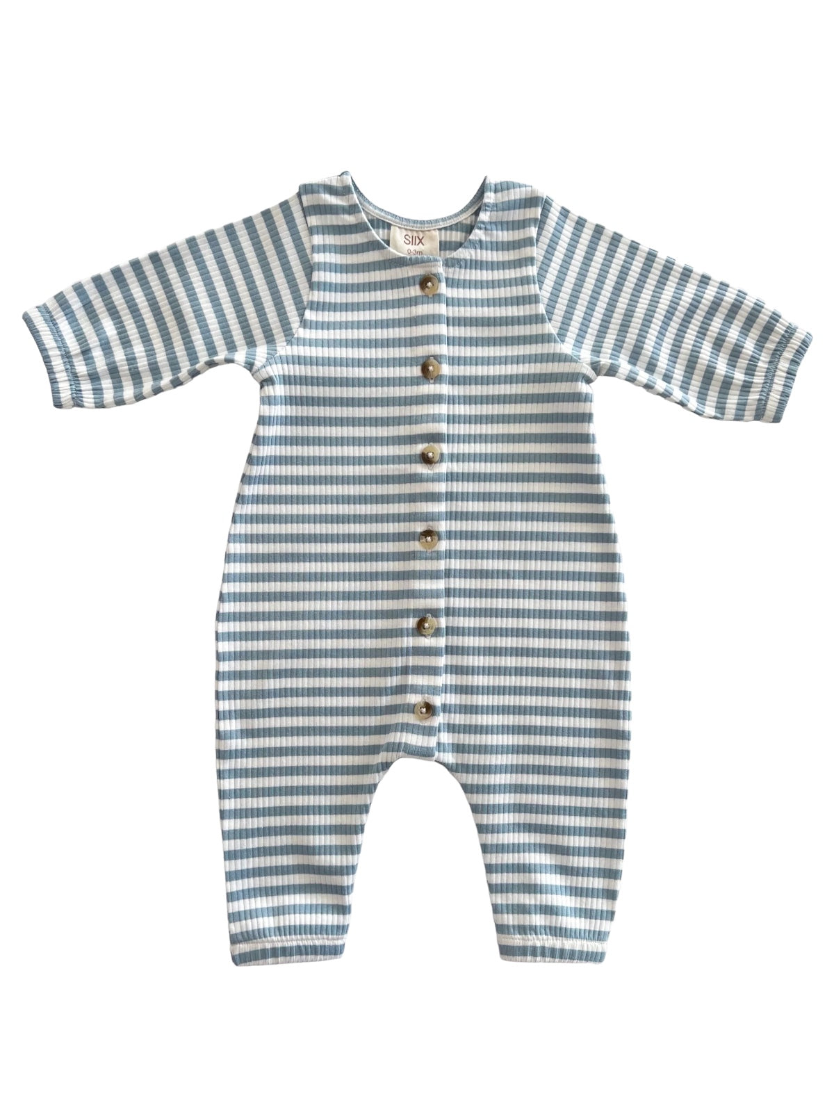 Blue and white striped baby onesie with long sleeves and buttons down the front.