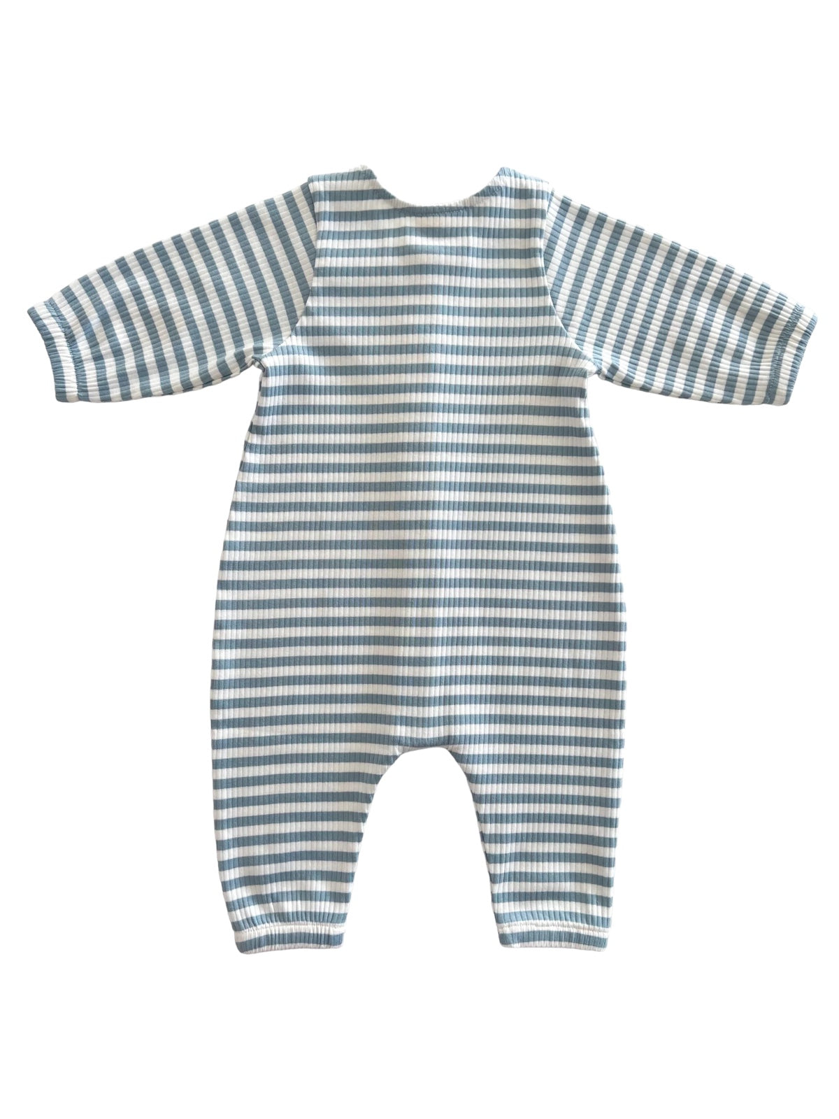 Blue and white striped baby romper viewed from the back, featuring long sleeves and legs.