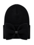 Black knit beanie featuring a large bow detail on the front. Ideal for stylish winter wear.