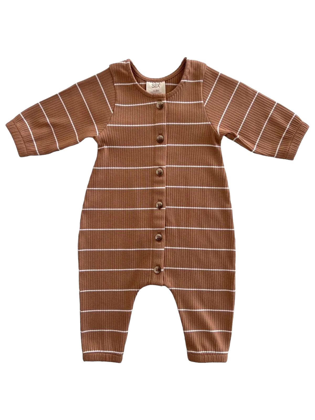 Brown striped baby romper with buttons, featuring long sleeves and a comfortable fit.