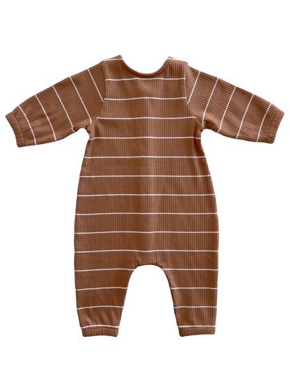 Brown striped baby romper with long sleeves and ribbed texture, perfect for casual wear.