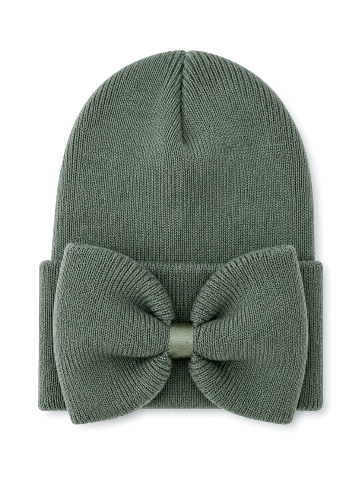 Olive green knit beanie with a large bow on the front, perfect for stylish winter wear.