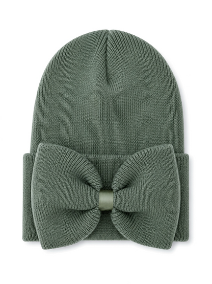 Olive green knit beanie with a large bow on the front, perfect for stylish winter wear.