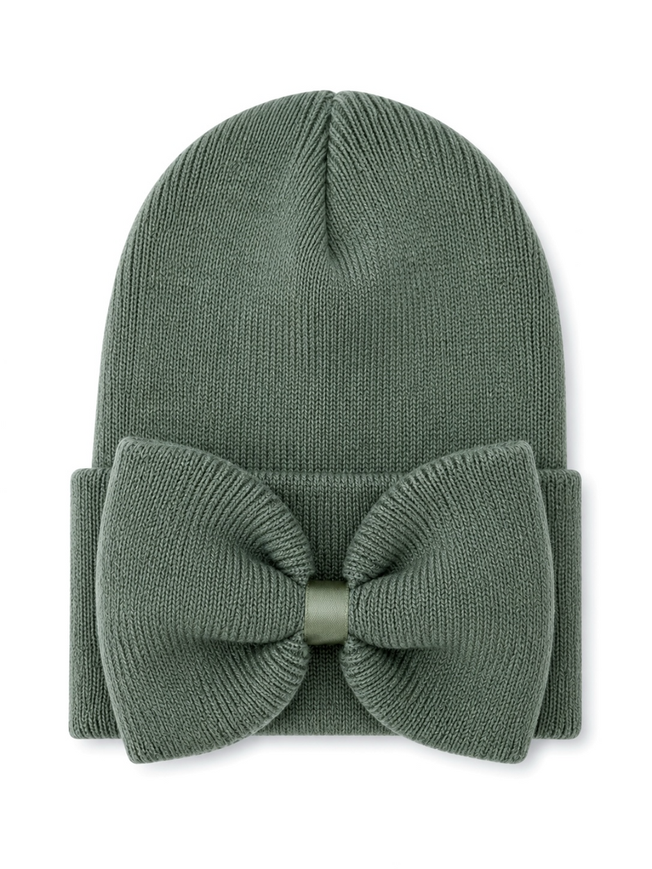 Olive green knit beanie with a large bow on the front, perfect for stylish winter wear.