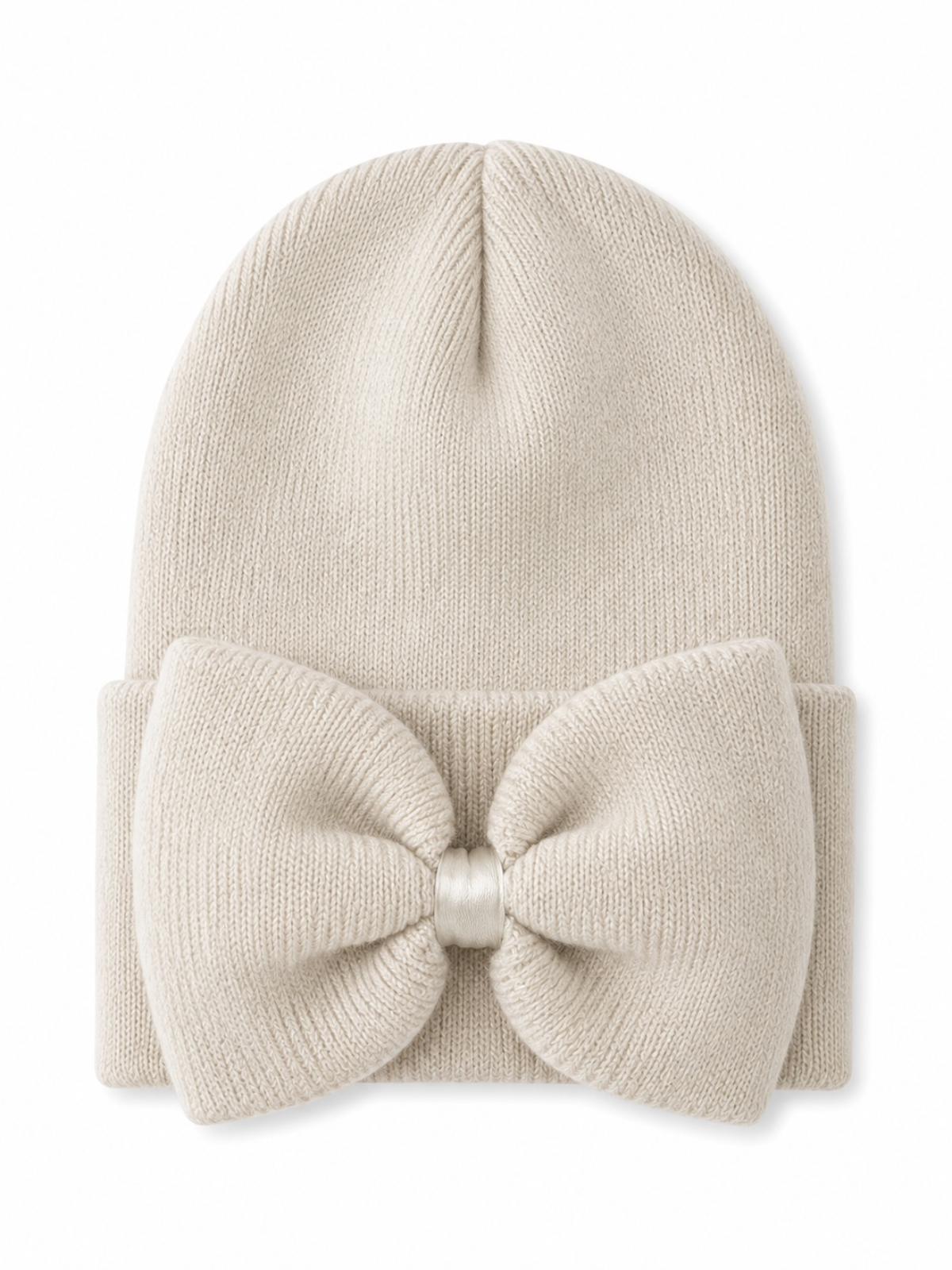Cream beanie hat with a large bow on the front, perfect for winter fashion.