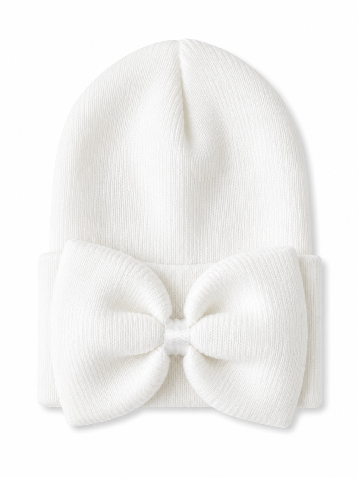 White knit beanie with a large bow on the front, perfect for cold weather.