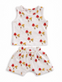 White baby outfit featuring a tank top and shorts with colorful mushroom prints. Perfect for infants.