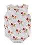 White baby romper with colorful mushroom print in red, yellow, and brown tones.