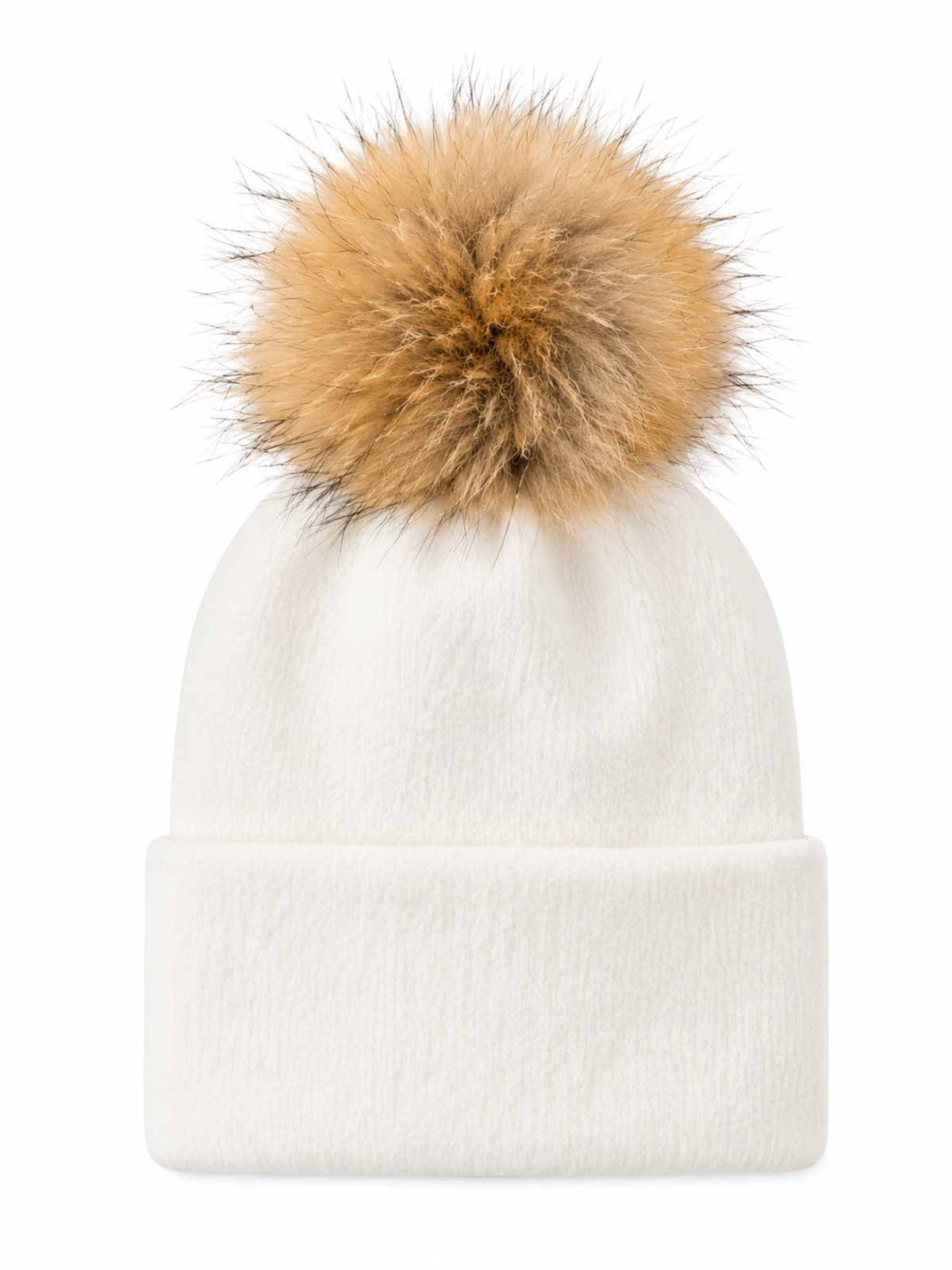White beanie hat with a large tan fur pom-pom on top, featuring a cuffed design.