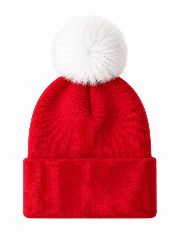Red knit beanie with a large white pom-pom on top, perfect for winter wear.