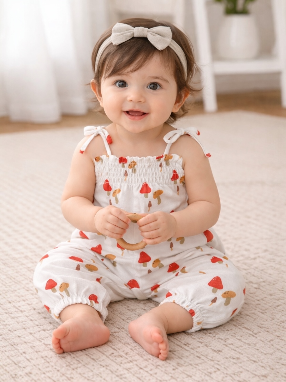 Smiling baby girl in a patterned outfit sitting on a soft rug, holding a wooden ring toy.