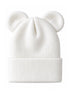 White knit beanie with two round ear-like features on top.