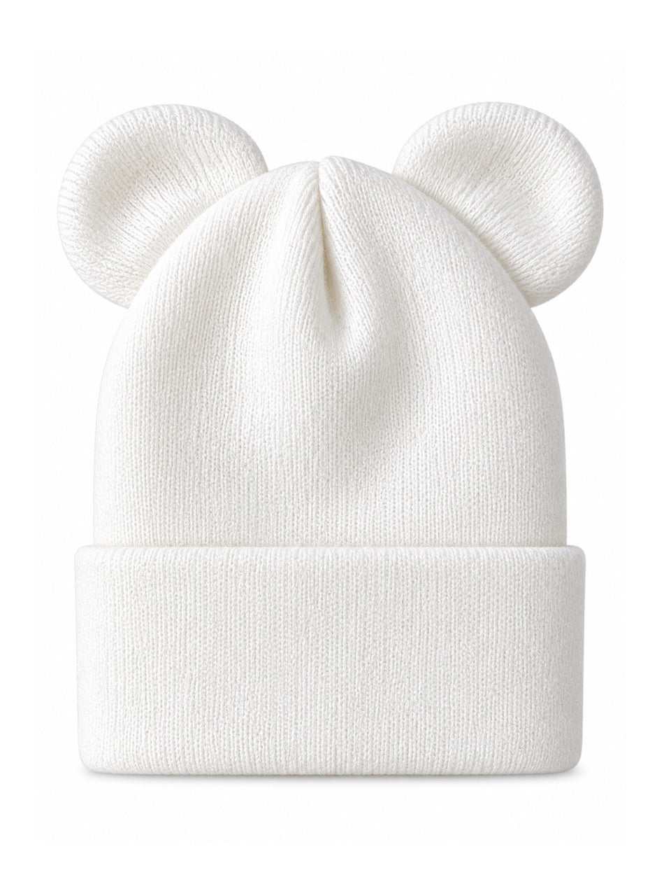 White knit beanie with two round ear-like features on top.
