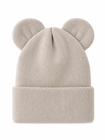 Light gray knit beanie with bear ears on top and a folded cuff.