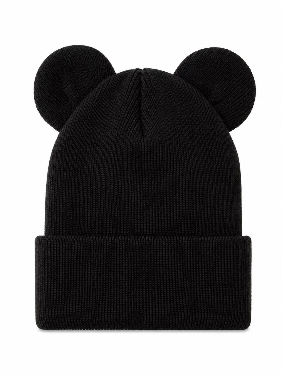 Black knit beanie with rounded ears on top, featuring a folded brim. Perfect for casual and playful wear.