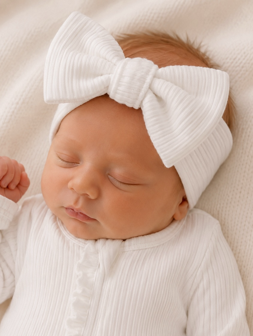 Newborn baby peacefully sleeping, wearing a white headband with a large bow and a textured white outfit.