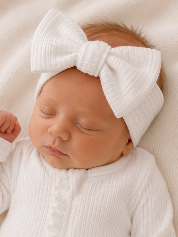 Newborn baby peacefully sleeping, wearing a white headband with a large bow and a textured white outfit.
