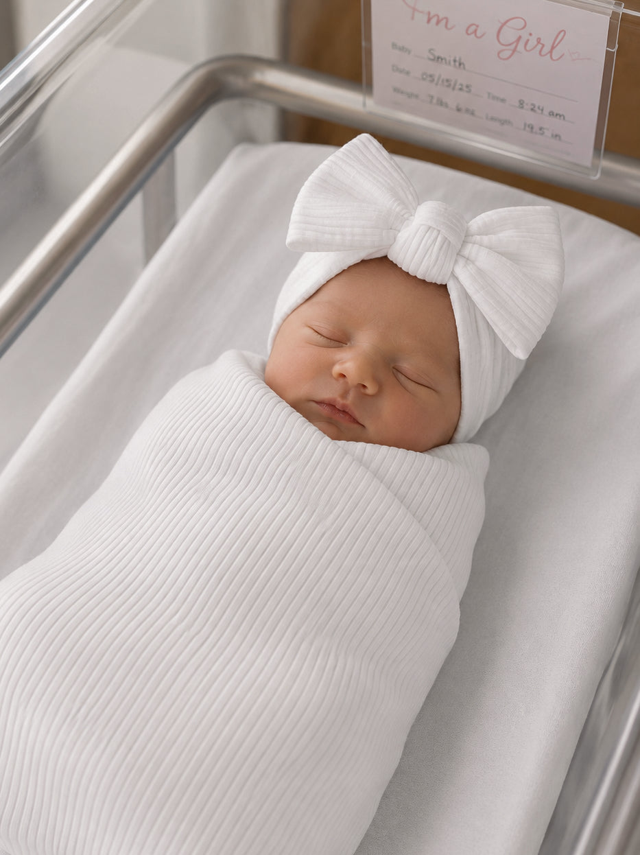 Newborn baby girl swaddled in white fabric, wearing a white headband with a large bow, peacefully sleeping.
