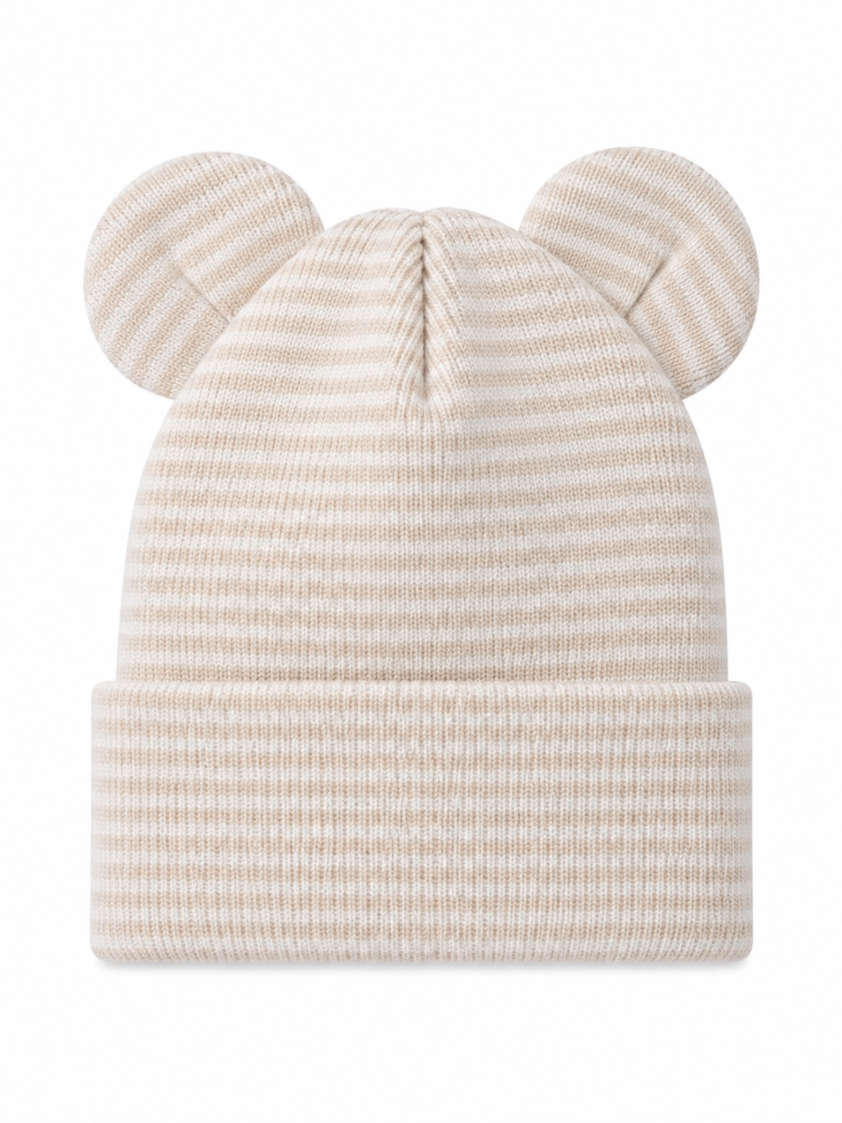 Beige striped beanie hat with cute ear details, perfect for a stylish winter accessory.