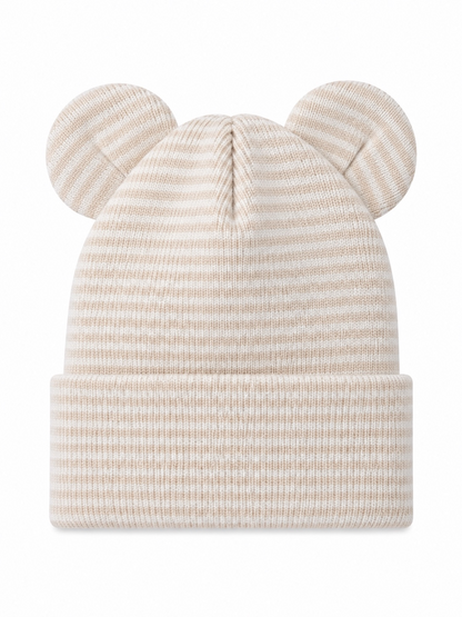 Beige striped beanie hat with cute ear details, perfect for a stylish winter accessory.