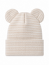 Beige striped beanie hat with cute ear details, perfect for a stylish winter accessory.