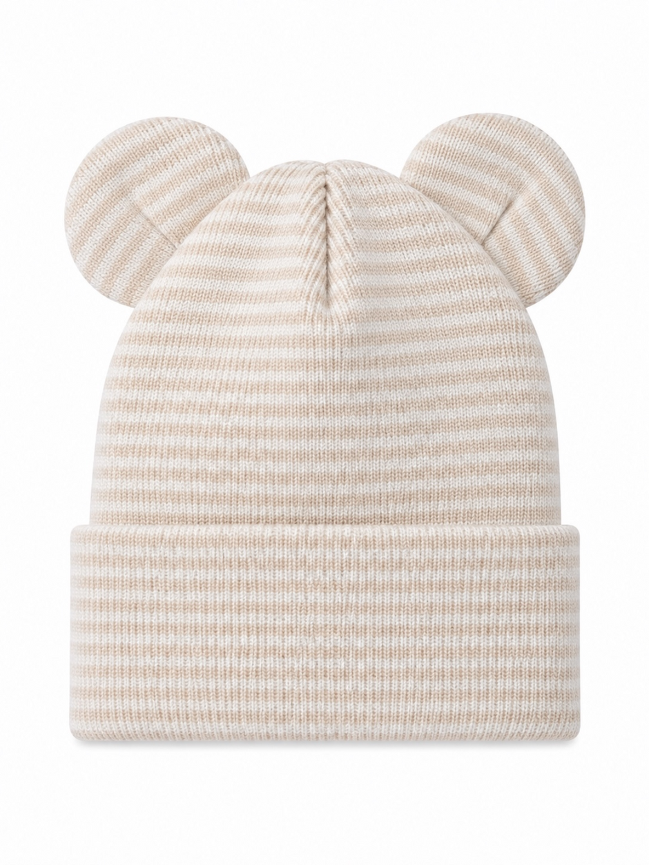 Beige striped beanie hat with cute ear details, perfect for a stylish winter accessory.