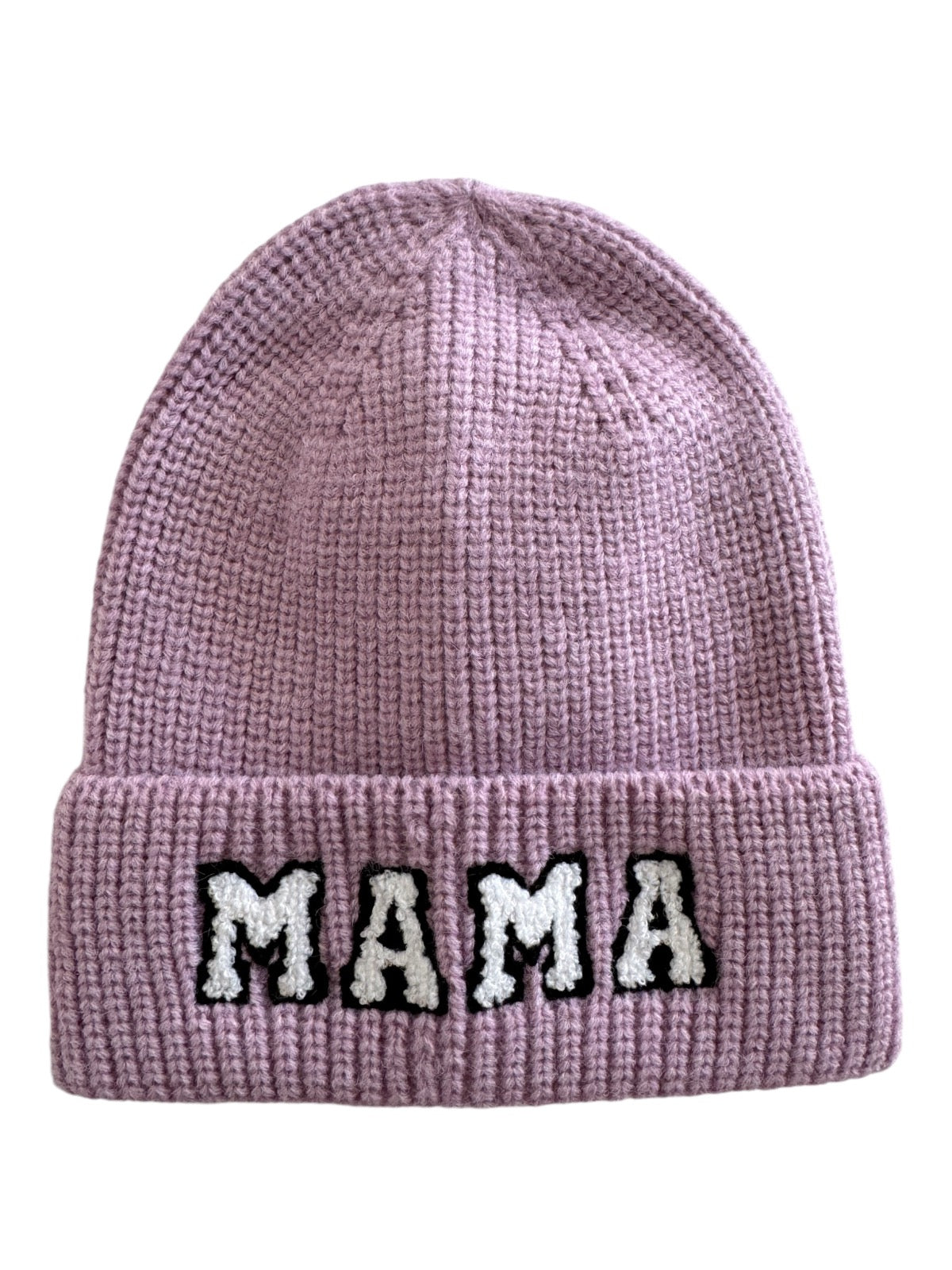 Pink knit beanie hat with "MAMA" embroidered in black and white letters on the front.