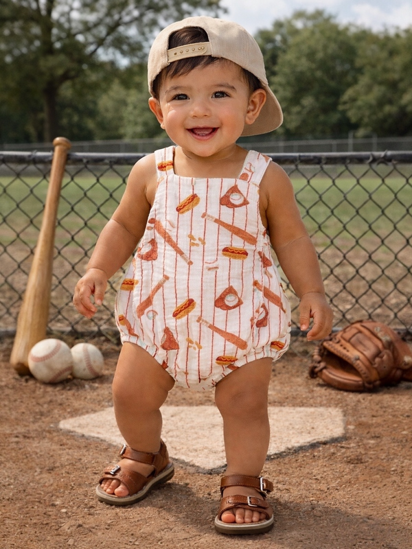 Smiling toddler in a baseball-themed outfit stands on a dirt field, wearing a cap and sandals.