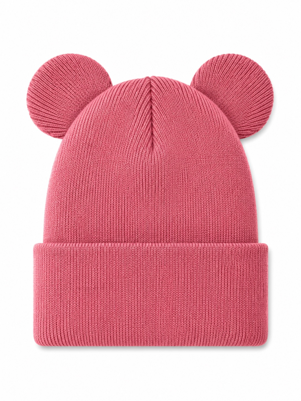 Pink beanie hat with rounded ears, featuring a ribbed knit design and folded cuff, laid flat on a white background.