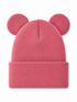 Pink beanie hat with rounded ears, featuring a ribbed knit design and folded cuff, laid flat on a white background.