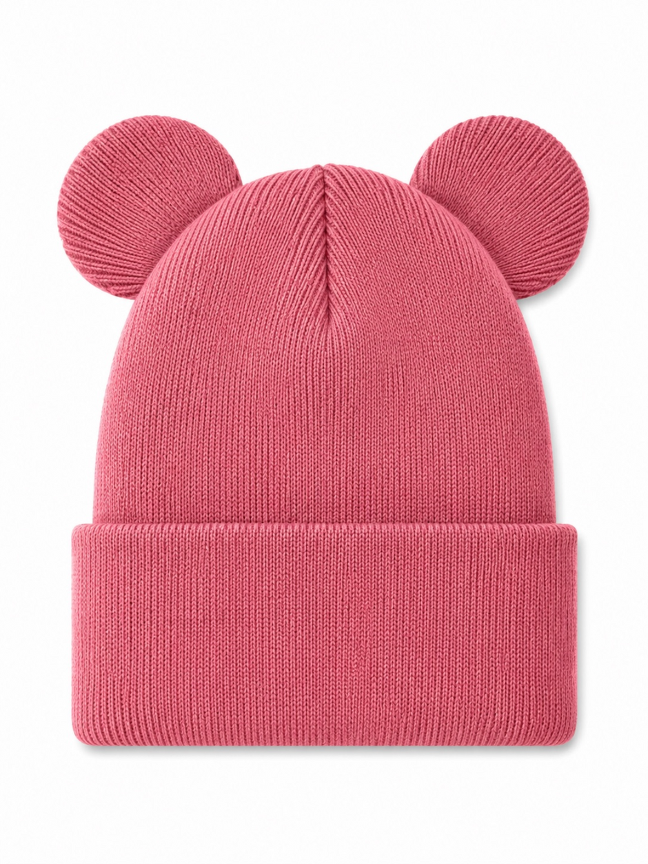 Pink beanie hat with rounded ears, featuring a ribbed knit design and folded cuff, laid flat on a white background.