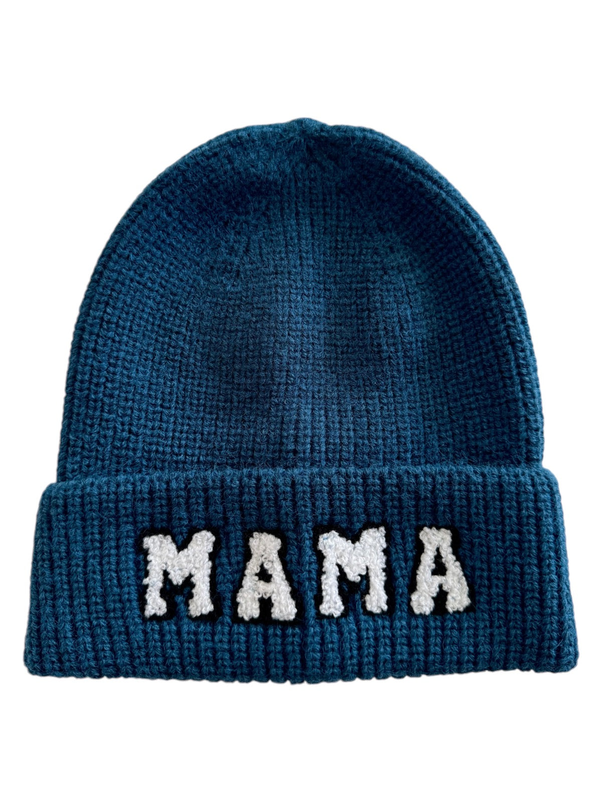 Blue knit beanie with the word "MAMA" embroidered in white letters on the folded cuff.