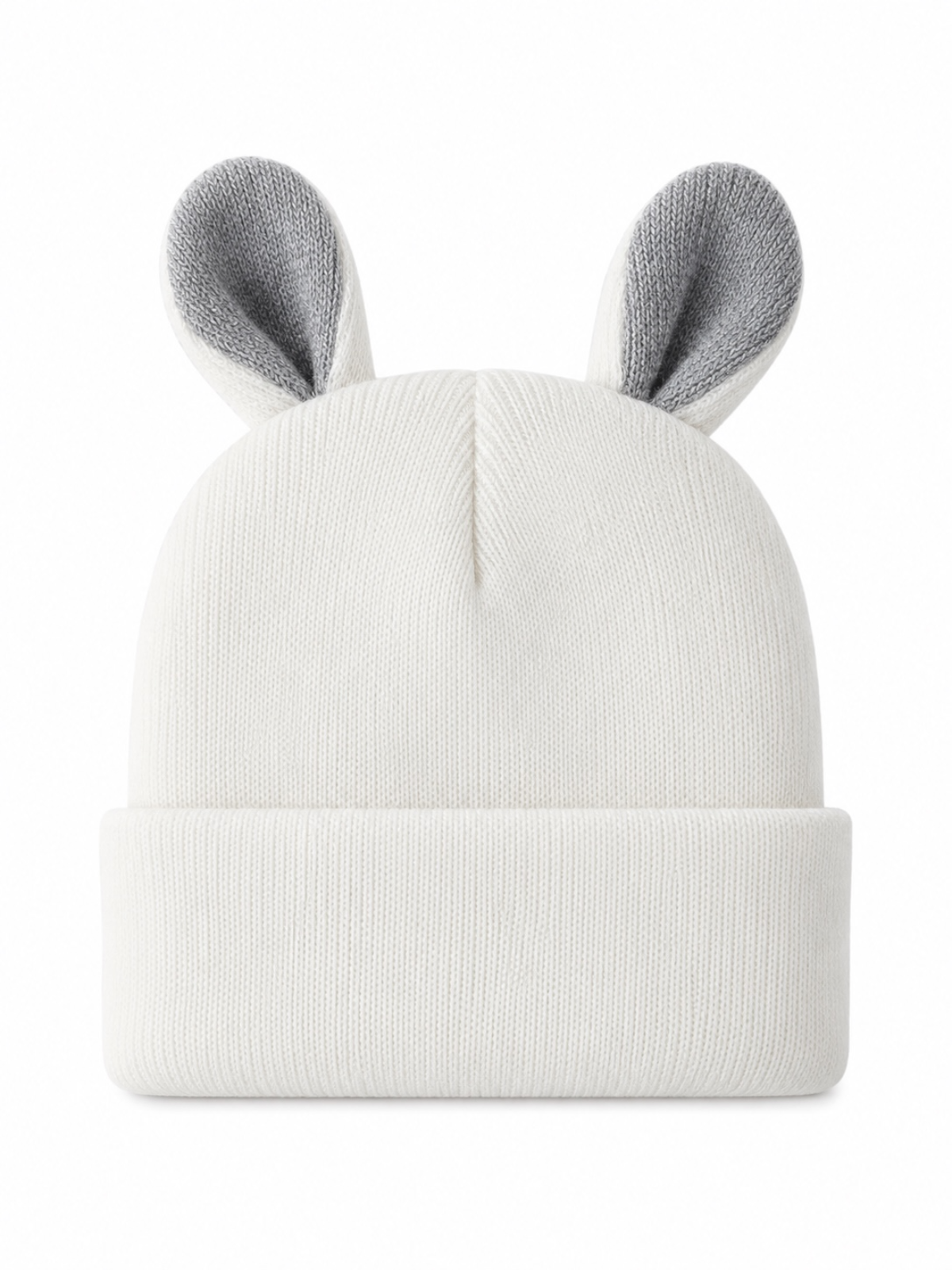 White knit beanie with gray and white ears on top, perfect for kids' winter fashion.